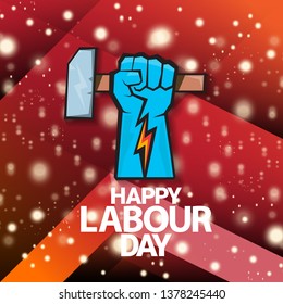 1 may - happy labour day. vector happy labour day poster or banner with blue clenched fist. workers day poster. labour day label or badge