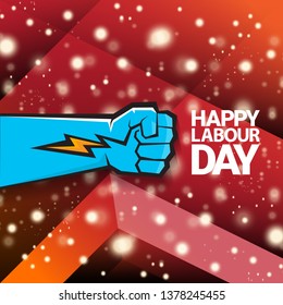 1 may - happy labour day. vector happy labour day poster or banner with blue clenched fist. workers day poster. labour day label or badge