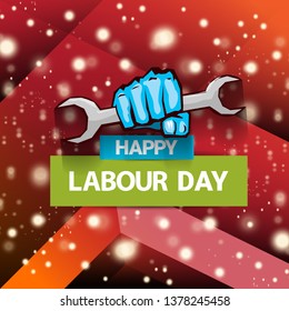 1 may - happy labour day. vector happy labour day poster or banner with blue clenched fist. workers day poster. labour day label or badge