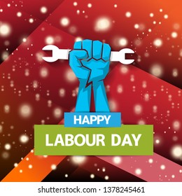 1 may - happy labour day. vector happy labour day poster or banner with blue clenched fist. workers day poster. labour day label or badge