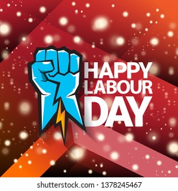 1 may - happy labour day. vector happy labour day poster or banner with blue clenched fist. workers day poster. labour day label or badge