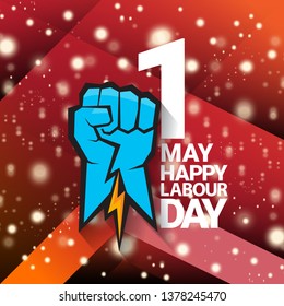 1 may - happy labour day. vector happy labour day poster or banner with blue clenched fist. workers day poster. labour day label or badge