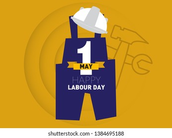 1 May happy labour day with yellow background and blue overalls, hammer, wrench