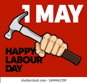 1 may Happy Labour Day hammer in a fist, color banner. 1st may Worker's day sledgehammer in arm illustration. International holiday card tool hand. Vector illustration