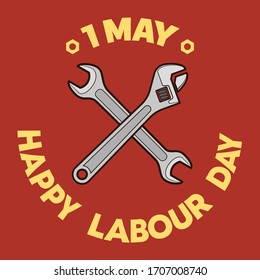 1 may Happy Labour Day two wrench. 1st may Worker's labor day spanners illustration. International holiday banner tools. Vector illustration