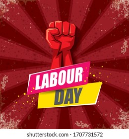 1 may Happy labour day vector label with strong protest fist in the air on bintage red background with rays. vector happy labor day background or banner with man hand. workers may day poster
