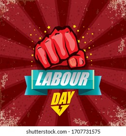 1 may Happy labour day vector label with strong protest fist in the air on bintage red background with rays. vector happy labor day background or banner with man hand. workers may day poster