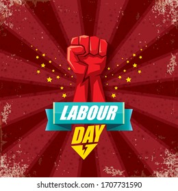 1 may Happy labour day vector label with strong protest fist in the air on bintage red background with rays. vector happy labor day background or banner with man hand. workers may day poster