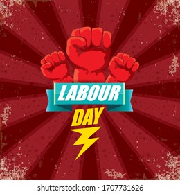 1 may Happy labour day vector label with strong protest fist in the air on bintage red background with rays. vector happy labor day background or banner with man hand. workers may day poster