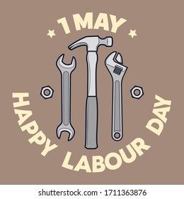 1 may Happy Labour Day wrench and hammer. 1st may Worker's labour day spanner & sledgehammer illustration. International holiday banner tools. Vector illustration