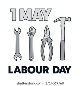 1 may Happy Labour Day wrench, hammer, pliers. 1st may Worker's labour day spanner & sledgehammer illustration. International holiday banner tools. Vector illustration