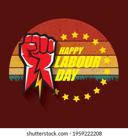 1 may Happy labour day vector label with strong protest fist in the air on vintage background. vector happy labor day background or banner with man hand. workers may day poster