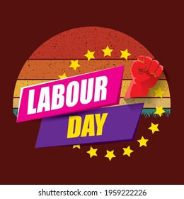 1 may Happy labour day vector label with strong protest fist in the air on vintage background. vector happy labor day background or banner with man hand. workers may day poster