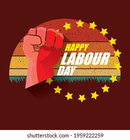 1 may Happy labour day vector label with strong protest fist in the air on vintage background. vector happy labor day background or banner with man hand. workers may day poster