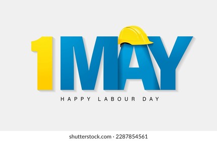1 May, Happy Labour Day lettering poster. Celebrating International Labor Day, text and yellow helment. Vector illustration