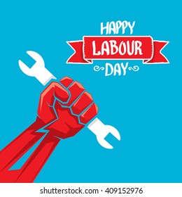 1 may - happy labour day. vector happy labour day poster or banner with clenched fist. workers day poster