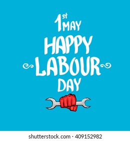 1 may - happy labour day. vector happy labour day poster or banner with clenched fist. workers day poster