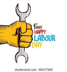 1 may - happy labour day. vector happy labour day poster or banner with clenched fist. workers day poster