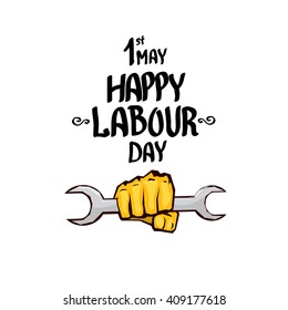 1 may - happy labour day. vector happy labour day poster or banner with clenched fist. workers day poster
