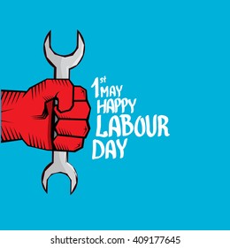 1 may - happy labour day. vector happy labour day poster or banner with clenched fist. workers day poster
