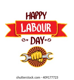 1 may - happy labour day. vector happy labour day poster or banner with clenched fist. workers day poster
