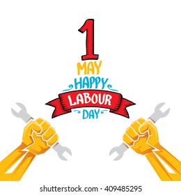 1 may - happy labour day. vector happy labour day poster or banner with clenched fist. workers day poster