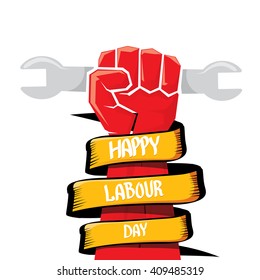 1 may - happy labour day. vector happy labour day poster or banner with clenched fist. workers day poster