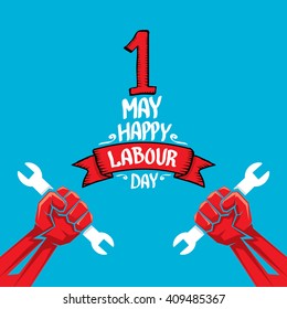 1 may - happy labour day. vector happy labour day poster or banner with clenched fist. workers day poster