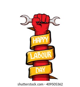 1 may - happy labour day. vector happy labour day poster or banner with clenched fist. workers day poster