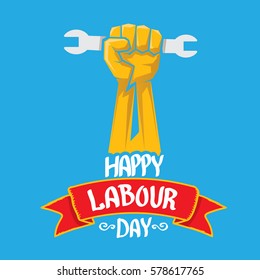 1 may - happy labour day. vector happy labour day poster or banner with clenched fist. workers day poster