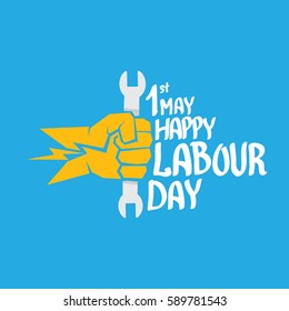 1 may - happy labour day. vector happy labour day poster or banner with clenched fist on blue background. workers day poster