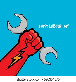 1 may - happy labour day. vector happy labour day poster or banner with clenched fist. workers day poster