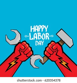 1 may - happy labour day. vector happy labour day poster or banner with clenched fist. workers day poster
