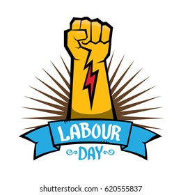 1 may - happy labour day. vector happy labour day poster or banner with clenched fist. workers day poster.  labour day label or badge
