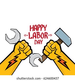 1 may - happy labour day. vector happy labour day poster or banner with clenched fist. workers day poster. labour day label or badge