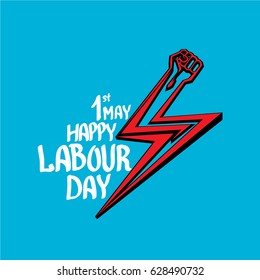 1 may - happy labour day. vector happy labour day poster or banner with clenched fist. workers day poster. labour day label or badge