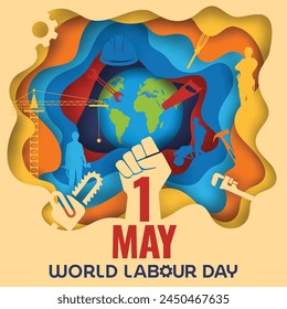 1 May, Happy World Labour Day, World Labor Day, International Workers Day, Global Workers Day, Labourer, Wrist, Globe, Tools, Paper Art Concept. EPS. Vector. 