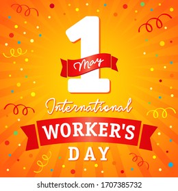 1 may, International Worker's Day lettering on colored confetti and yellow beams. Happy Labor Day banner. Vector illustration