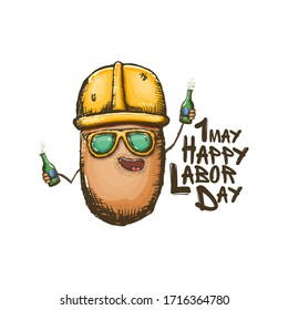 1 may labor day banner with cartoon  funky labor potato character with sunglasses and orange helmet holding and drinking beer bottle isolated on white background. Mayday cartoon poster design template