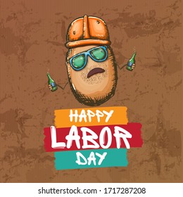 1 may labor day banner with cartoon  funky labor potato character with sunglasses and orange helmet holding and drinking beer bottle isolated on brown background. Mayday cartoon poster design template