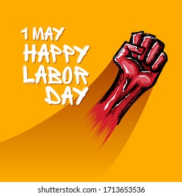 1 may Labor day poster with red protest fist isolated on orange background. Mayday Labour day concept illustration with hand drawn rised fist in the air.  1 may graphic design template