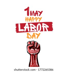 1 may Labor day poster with red protest fist isolated on white background. Mayday Labour day concept illustration with hand drawn rised fist in the air.  1 may graphic poster design template 