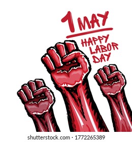 Afiche del Día del Trabajo con puño de protesta rojo aislado de fondo blanco. Ilustración conceptual del Día del Trabajo Mayday con puño levantado a mano en el aire.  1 de mayo plantilla de diseño de afiches gráficos 
