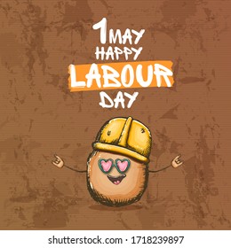 1 may labour day banner with cartoon  funky rock n roll labour potato character with sunglasses and orange helmet isolated on blue background. Mayday cartoon poster design template with greeting text