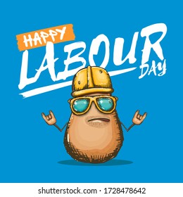 1 may labour day banner with cartoon  funky rock n roll labour potato character with sunglasses and orange helmet isolated on blue background. Mayday cartoon poster design template with greeting text