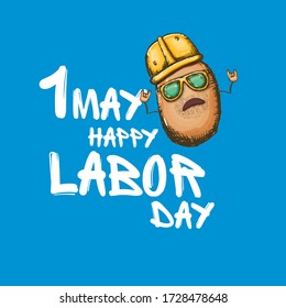 1 may labour day banner with cartoon  funky rock n roll labour potato character with sunglasses and orange helmet isolated on blue background. Mayday cartoon poster design template with greeting text