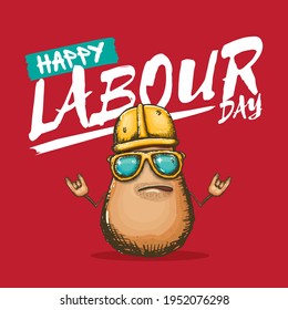 1 may labour day banner with cartoon funky rock n roll labour potato character with sunglasses and orange helmet isolated on red background. Mayday cartoon poster design template with greeting text