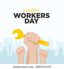 1 may - labour day concept. vector happy labour day poster or banner. A group of hands raised up. Safety first for worker. social media post