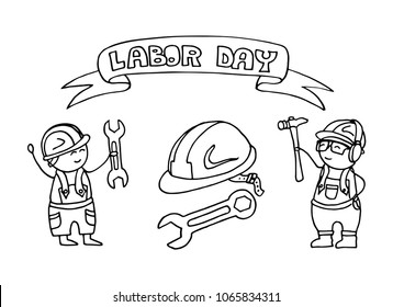 1 may - Labour Day.  Funny workers with tools. Doodle vector illustration.