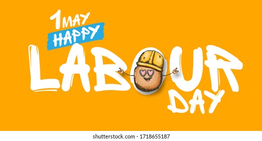 1 may labour day horizontal banner with cartoon funky rock n roll labour potato character with sunglasses and orange helmet isolated on orange background. Mayday cartoon poster design template
